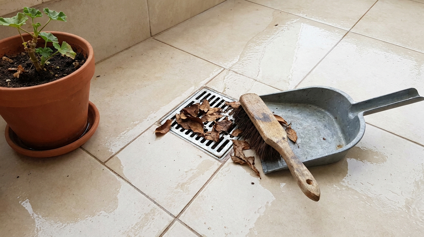 ניקוי עלים יבשים מפתח הניקוז ברצפת מרפסת, ועציץ שהוזז הצידה