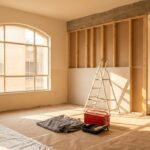 חדר בדירה בשיפוץ באור אחר הצהריים, עם מחיצה פתוחה, סולם וארגז כלים על רצפה מכוסה
